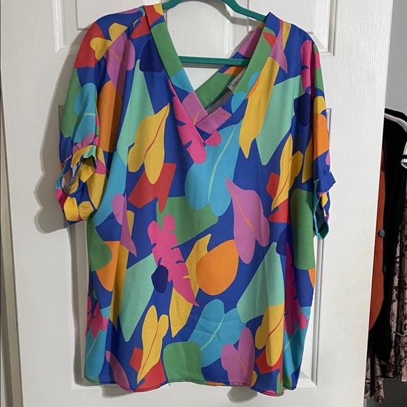 First Love Tops - First Love Multicolor V-Neck Leaf Print Blouse